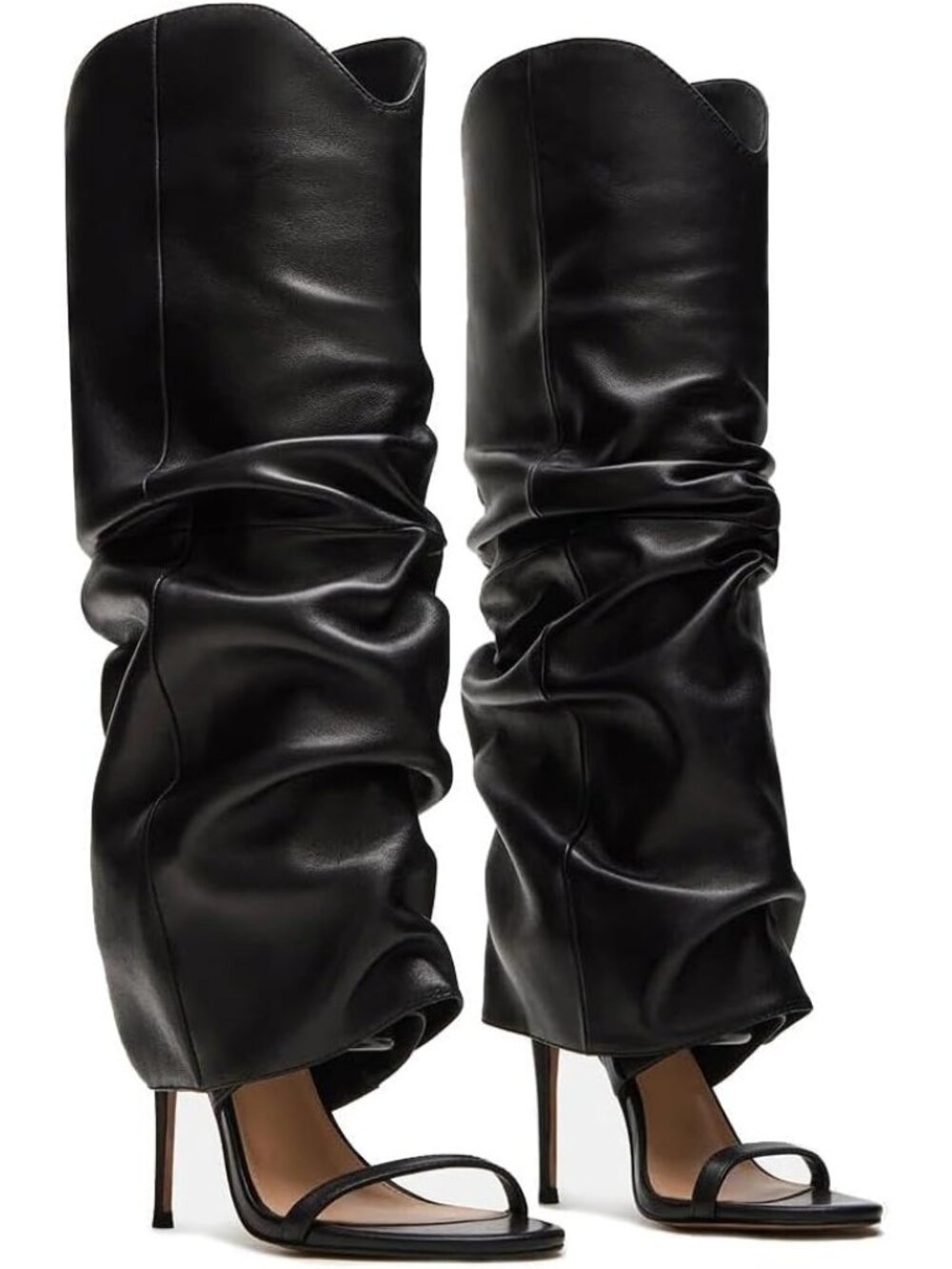Women's Black Slouchy Knee High Boots Open Toe High Heel Sandals Boots Pull On